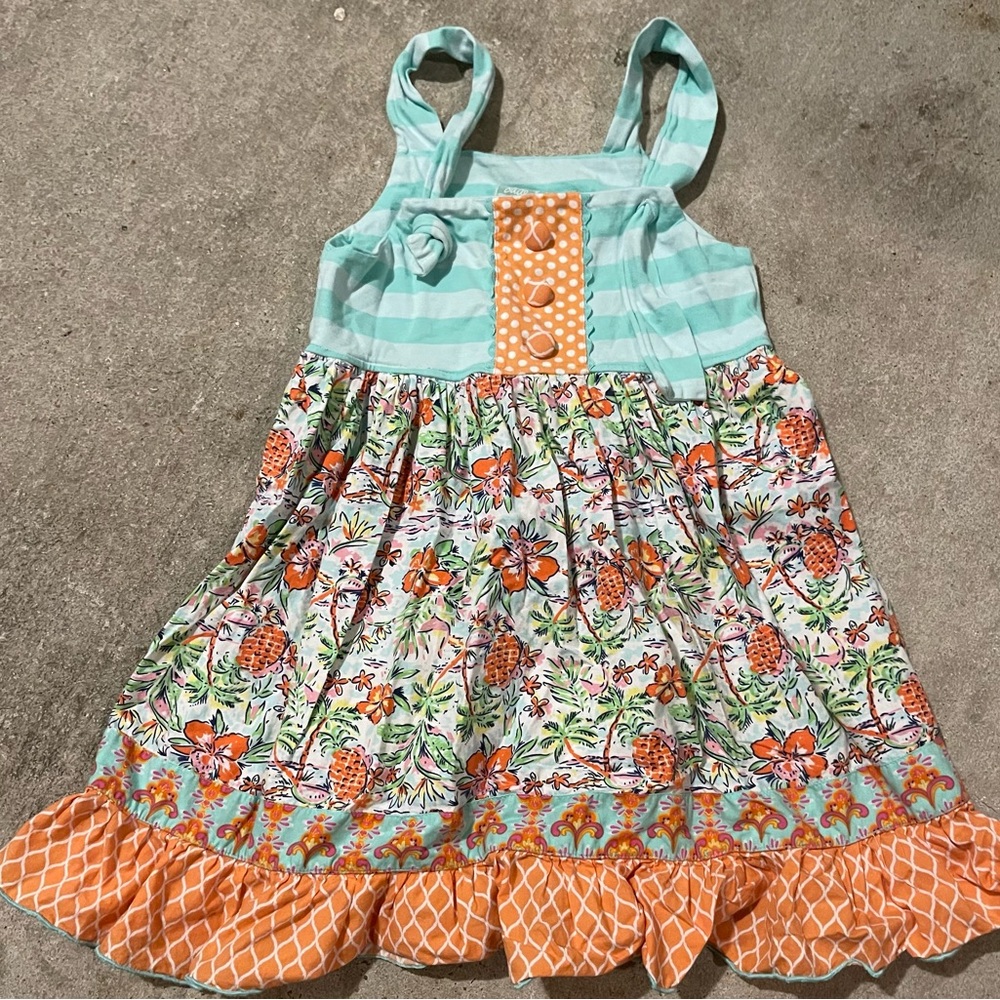 Tropical, Floral Kids Dress in Orange and Blue